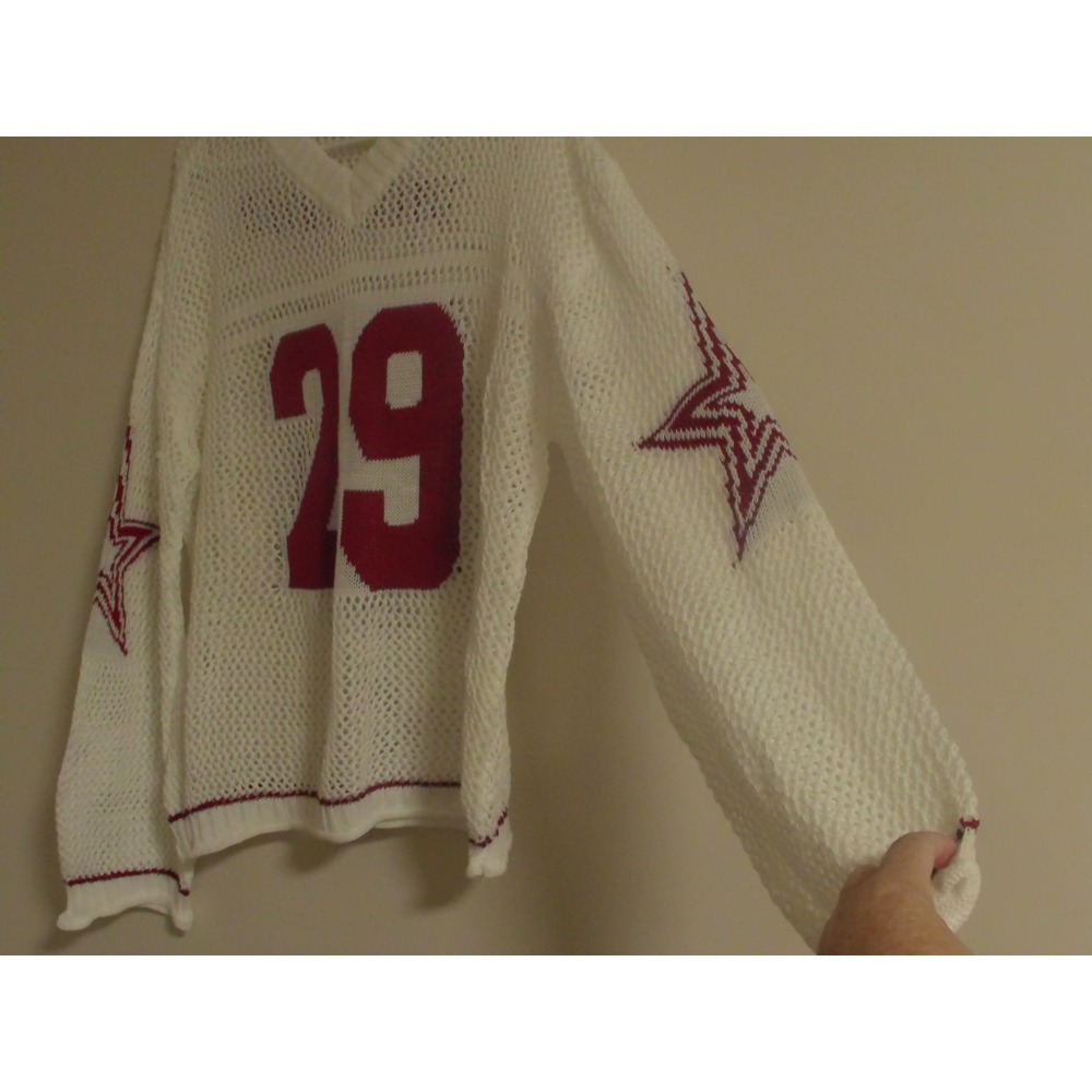 Boston 29 Sporty Open Knit Mesh Sweater White Red Stars V-Neck Size M
